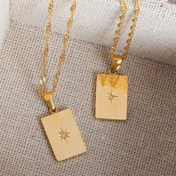 Star Zircon PVD 18K Gold Plated Rectangle Pendant Necklace Stainless Ste… - Picture 9 of 9